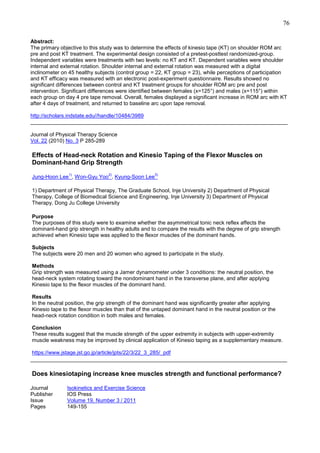 76
Abstract:
The primary objective to this study was to determine the effects of kinesio tape (KT) on shoulder ROM arc
pre and post KT treatment. The experimental design consisted of a pretest-posttest randomized-group.
Independent variables were treatments with two levels: no KT and KT. Dependent variables were shoulder
internal and external rotation. Shoulder internal and external rotation was measured with a digital
inclinometer on 45 healthy subjects (control group = 22, KT group = 23), while perceptions of participation
and KT efficacy was measured with an electronic post-experiment questionnaire. Results showed no
significant differences between control and KT treatment groups for shoulder ROM arc pre and post
intervention. Significant differences were identified between females (x=125°) and males (x=115°) within
each group on day 4 pre tape removal. Overall, females displayed a significant increase in ROM arc with KT
after 4 days of treatment, and returned to baseline arc upon tape removal.
http://scholars.indstate.edu//handle/10484/3989
______________________________________________________________________________________
Journal of Physical Therapy Science
Vol. 22 (2010) No. 3 P 285-289

Effects of Head-neck Rotation and Kinesio Taping of the Flexor Muscles on
Dominant-hand Grip Strength
1)

2)

3)

Jung-Hoon Lee , Won-Gyu Yoo , Kyung-Soon Lee

1) Department of Physical Therapy, The Graduate School, Inje University 2) Department of Physical
Therapy, College of Biomedical Science and Engineering, Inje University 3) Department of Physical
Therapy, Dong Ju College University
Purpose
The purposes of this study were to examine whether the asymmetrical tonic neck reflex affects the
dominant-hand grip strength in healthy adults and to compare the results with the degree of grip strength
achieved when Kinesio tape was applied to the flexor muscles of the dominant hands.
Subjects
The subjects were 20 men and 20 women who agreed to participate in the study.
Methods
Grip strength was measured using a Jamer dynamometer under 3 conditions: the neutral position, the
head-neck system rotating toward the nondominant hand in the transverse plane, and after applying
Kinesio tape to the flexor muscles of the dominant hand.
Results
In the neutral position, the grip strength of the dominant hand was significantly greater after applying
Kinesio tape to the flexor muscles than that of the untaped dominant hand in the neutral position or the
head-neck rotation condition in both males and females.
Conclusion
These results suggest that the muscle strength of the upper extremity in subjects with upper-extremity
muscle weakness may be improved by clinical application of Kinesio taping as a supplementary measure.
https://www.jstage.jst.go.jp/article/jpts/22/3/22_3_285/_pdf

______________________________________________________________________________

Does kinesiotaping increase knee muscles strength and functional performance?
Journal
Publisher
Issue
Pages

Isokinetics and Exercise Science
IOS Press
Volume 19, Number 3 / 2011
149-155

 