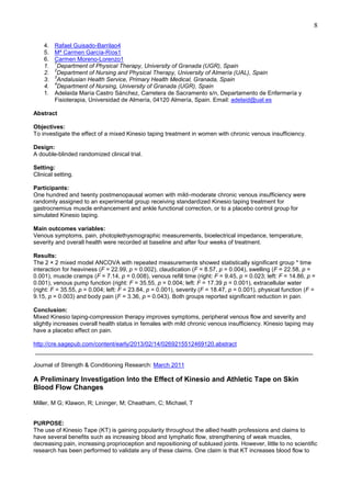 8
4.
5.
6.
1.
2.
3.
4.
1.

Rafael Guisado-Barrilao4
Mª Carmen García-Ríos1
Carmen Moreno-Lorenzo1
1
Department of Physical Therapy, University of Granada (UGR), Spain
2
Department of Nursing and Physical Therapy, University of Almería (UAL), Spain
3
Andalusian Health Service, Primary Health Medical, Granada, Spain
4
Department of Nursing, University of Granada (UGR), Spain
Adelaida María Castro Sánchez, Carretera de Sacramento s/n, Departamento de Enfermería y
Fisioterapia, Universidad de Almería, 04120 Almería, Spain. Email: adelaid@ual.es

Abstract
Objectives:
To investigate the effect of a mixed Kinesio taping treatment in women with chronic venous insufficiency.
Design:
A double-blinded randomized clinical trial.
Setting:
Clinical setting.
Participants:
One hundred and twenty postmenopausal women with mild–moderate chronic venous insufficiency were
randomly assigned to an experimental group receiving standardized Kinesio taping treatment for
gastrocnemius muscle enhancement and ankle functional correction, or to a placebo control group for
simulated Kinesio taping.
Main outcomes variables:
Venous symptoms, pain, photoplethysmographic measurements, bioelectrical impedance, temperature,
severity and overall health were recorded at baseline and after four weeks of treatment.
Results:
The 2 × 2 mixed model ANCOVA with repeated measurements showed statistically significant group * time
interaction for heaviness (F = 22.99, p = 0.002), claudication (F = 8.57, p = 0.004), swelling (F = 22.58, p =
0.001), muscle cramps (F = 7.14, p = 0.008), venous refill time (right: F = 9.45, p = 0.023; left: F = 14.86, p =
0.001), venous pump function (right: F = 35.55, p = 0.004; left: F = 17.39 p = 0.001), extracellular water
(right: F = 35.55, p = 0.004; left: F = 23.84, p = 0.001), severity (F = 18.47, p = 0.001), physical function (F =
9.15, p = 0.003) and body pain (F = 3.36, p = 0.043). Both groups reported significant reduction in pain.
Conclusion:
Mixed Kinesio taping-compression therapy improves symptoms, peripheral venous flow and severity and
slightly increases overall health status in females with mild chronic venous insufficiency. Kinesio taping may
have a placebo effect on pain.
http://cre.sagepub.com/content/early/2013/02/14/0269215512469120.abstract

_____________________________________________________________________________
Journal of Strength & Conditioning Research: March 2011

A Preliminary Investigation Into the Effect of Kinesio and Athletic Tape on Skin
Blood Flow Changes
Miller, M G; Klawon, R; Lininger, M; Cheatham, C; Michael, T

PURPOSE:
The use of Kinesio Tape (KT) is gaining popularity throughout the allied health professions and claims to
have several benefits such as increasing blood and lymphatic flow, strengthening of weak muscles,
decreasing pain, increasing proprioception and repositioning of subluxed joints. However, little to no scientific
research has been performed to validate any of these claims. One claim is that KT increases blood flow to

 