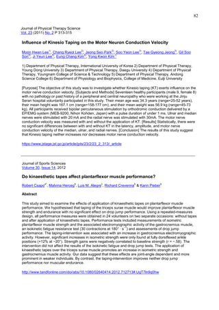 82
Journal of Physical Therapy Science
Vol. 23 (2011) No. 2 P 313-315

Influence of Kinesio Taping on the Motor Neuron Conduction Velocity
1)

2)

2)

3)

3)

Moon Hwan Lee , Chang Ryeol Lee , Jeong Seo Park , Soo Yeon Lee , Tae Gyeong Jeong , Gil Soo
4)
5)
6)
1)
Son , Ji Yeun Lee , Eung Chang Kim , Yong Kwon Kim
1) Department of Physical Therapy, International University of Korea 2) Department of Physical Therapy,
Young Dong University 3) Department of Physical Therapy, Daegu University 4) Department of Physical
Therapy, Youngnam College of Science & Technology 5) Department of Physical Therapy, Andong
Science College 6) Department of Physiology and Biophysics, College of Medicine, Eulji University
[Purpose] The objective of this study was to investigate whether Kinesio taping (KT) exerts influence on the
motor nerve conduction velocity. [Subjects and Methods] Seventeen healthy participants (male 9, female 8)
with no pathology or past history of a peripheral and central neuropathy who were working at the Jinju
Seran hospital voluntarily participated in this study. Their mean age was 34.3 years (range=25-52 years),
their mean height was 167.1 cm (range=158-177 cm), and their mean weight was 56.9 kg (range=45-73
kg). All participants received bipolar percutaneous stimulation by orthodromic conduction delivered by a
EP/EMG system (MEB-9200, Nihon Kohden, Japan) with a pulse duration of under 1 ms. Ulnar and median
nerves were stimulated with 20 mA and the radial nerve was stimulated with 30mA. The motor nerve
conduction velocity was measured with and without the application of KT. [Results] Statistically, there were
no significant differences between with and without KT in the latency, amplitude, and motor nerve
conduction velocity of the median, ulnar, and radial nerves. [Conclusion] The results of this study suggest
that Kinesio taping neither increases nor decreases motor nerve conduction velocity.
https://www.jstage.jst.go.jp/article/jpts/23/2/23_2_313/_article

_______________________________________________________________________________
Journal of Sports Sciences
Volume 30, Issue 14, 2012

Do kinaesthetic tapes affect plantarflexor muscle performance?
a*

b

c

b

Robert Csapo , Malvina Herceg , Luis M. Alegre , Richard Crevenna & Karin Pieber

b

Abstract
This study aimed to examine the effects of application of kinaesthetic tapes on plantarflexor muscle
performance. We hypothesised that taping of the triceps surae muscle would improve plantarflexor muscle
strength and endurance with no significant effect on drop jump performance. Using a repeated-measures
design, all performance measures were obtained in 24 volunteers on two separate occasions: without tapes
and after application of kinaesthetic tapes. Performance tests included measurements of isometric
plantarflexor muscle strength and the associated electromyographic activity of the gastrocnemius muscle,
−1
an isokinetic fatigue resistance test (30 contractions at 180° · s ) and assessments of drop jump
performance. The taping-intervention was associated with an increase in gastrocnemius electromyographic
activity. However, significant increases in isometric strength were only found at fully dorsiflexed ankle
positions (+12% at −20°). Strength gains were negatively correlated to baseline strength (r = −.58). The
intervention did not affect the results of the isokinetic fatigue and drop jump tests. The application of
kinaesthetic tapes over the triceps surae muscle promotes an increase in isometric strength and
gastrocnemius muscle activity. Our data suggest that these effects are joint-angle dependent and more
prominent in weaker individuals. By contrast, the taping-intervention improves neither drop jump
performance nor muscular endurance.
http://www.tandfonline.com/doi/abs/10.1080/02640414.2012.712713#.UgT7ln9q0hw

 