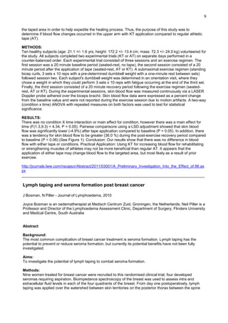 9
the taped area in order to help expedite the healing process. Thus, the purpose of this study was to
determine if blood flow changes occurred in the upper arm with KT application compared to regular athletic
tape (AT).
METHODS:
Ten healthy subjects (age: 21.1 +/- 1.6 yrs; height: 172.2 +/- 13.4 cm; mass: 72.3 +/- 24.0 kg) volunteered for
the study. All subjects completed two experimental trials (KT or AT) on separate days performed in a
counter-balanced order. Each experimental trial consisted of three sessions and an exercise regimen. The
first session was a 20 minute baseline period (seated-rest, no tape), the second session consisted of a 20
minute period after the application of tape (seated-rest, AT or KT). A submaximal exercise regimen (standing
bicep curls, 3 sets x 10 reps with a pre-determined dumbbell weight with a one-minute rest between sets)
followed session two. Each subject's dumbbell weight was determined in an orientation visit, where they
chose a weight in which they could perform 3 sets x 10 reps with fatigue occurring at the end of the third set.
Finally, the third session consisted of a 20 minute recovery period following the exercise regimen (seatedrest, AT or KT). During the experimental sessions, skin blood flow was measured continuously via a LASER
Doppler probe adhered over the biceps brachii. Skin blood flow data were expressed as a percent change
from the baseline value and were not reported during the exercise session due to motion artifacts. A two-way
(condition x time) ANOVA with repeated measures on both factors was used to test for statistical
significance.
RESULTS:
There was no condition X time interaction or main effect for condition; however there was a main effect for
time (F(1.3,9.3) = 4.34, P = 0.05). Pairwise comparisons using a LSD adjustment showed that skin blood
flow was significantly lower (-4.9%) after tape application compared to baseline (P = 0.05). In addition, there
was a tendency for skin blood flow to be greater (36.0 %) during the post-exercise recovery period compared
to baseline (P = 0.06) (See Figure 1). Conclusion: Our results show that there was no difference in blood
flow with either tape or conditions. Practical Application: Using KT for increasing blood flow for rehabilitating
or strengthening muscles of athletes may not be more beneficial than regular AT. It appears that the
application of either tape may change blood flow to the targeted area, but most likely as a result of prior
exercise.
http://journals.lww.com/nscajscr/Abstract/2011/03001/A_Preliminary_Investigation_Into_the_Effect_of.88.as
px

______________________________________________________________________________

Lymph taping and seroma formation post breast cancer
J Bosman, N Piller - Journal of Lymphoedema, 2010
Joyce Bosman is an oedematherapist at Medisch Centrum Zuid, Groningen, the Netherlands; Neil Piller is a
Professor and Director of the Lymphoedema Assessment Clinic, Department of Surgery, Flinders University
and Medical Centre, South Australia

Abstract
Background:
The most common complication of breast cancer treatment is seroma formation. Lymph taping has the
potential to prevent or reduce seroma formation, but currently its potential benefits have not been fully
investigated.
Aims:
To investigate the potential of lymph taping to combat seroma formation.
Methods:
Nine women treated for breast cancer were recruited to this randomised clinical trial; four developed
seromas requiring aspiration. Bioimpedance spectroscopy of the breast was used to assess intra and
extracellular fluid levels in each of the four quadrants of the breast. From day one postoperatively, lymph
taping was applied over the watershed between skin territories on the posterior thorax between the spine

 