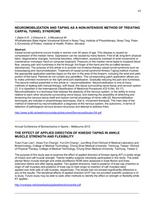 97
_______________________________________________________________________________
NEUROMOBILIZATION AND TAPING AS A NON-INTENSIVE METHOD OF TREATING
CARPAL TUNNEL SYNDROME
1 Zięba H.R., 2 Eliasová A., 3 Mikulaková W.
1Podhalańska State Higher Vocational School in Nowy Targ, Institute of Physiotherapy, Nowy Targ, Polan
2,3University of Prešov, Institute of Health, Prešov, Slovakia
Abstract
Carpal tunnel syndrome occurs mostly in women over 40 years of age. This disease is caused by
compression of the median nerve. Oppression can be caused by many factors. First of all, long-term physical
labor, degenerative changes, hormonal disorders, inflammation, excessive overload of wrist movements or
maintenance monotypic hand on computer keyboard. Pressure on the median nerve leads to impaired blood
flow, causing pain and numbness in the1st through 3rd finger of the hand and the so-called sensory
disturbances. The purpose of this article is to provide non-invasive therapy carpal tunnel syndrome such as
kinesiotaping and neuromobilization. Treatment of carpal tunnel syndrome Kinesio Taping method involves
the appropriate application patches (tape) on the skin in the area of the forearm, including the wrist and palm
portion of the hand. Patches do not contain any painkillers. The corresponding patch application allows you
to make unlimited movement on the right wrist joint stabilization. Gradually reducing the pain and numbness.
The second method presented in this article is - neuromobilization. Neuromobilization is one of many
methods of dealing with manual therapy, soft tissue -the tissue surrounding nerve tissue and nervous system
[1]. It is classified in the International Classification of Medicinal Procedures ICD 9 (No. 93.17).
Neuromobilization is a technique that restores the plasticity of the nervous system, or the ability to move
relative to each other structures surrounding nerve tissue, and restoring the possibility of stretching and
tensioning the nervous tissue itself and restore normal physiology of nerve cells [2]. Neuromobilization
techniques are included in physiotherapy techniques, that is, movement therapies. The main idea of the
method of treatment by neuromobilization a diagnosis of the nervous system, the autonomic, in terms of
detection of pathological nervous tension structures and attempt to address them.
http://www.pulib.sk/web/kniznica/elpub/dokument/Dernarova6/subor/34.pdf

_______________________________________________________________________________
Annual Conference of Biomechanics in Sports – Melbourne 2012

THE EFFECT OF APPLIED DIRECTION OF KINESIO TAPING IN ANKLE
MUSCLE STRENGTH AND FLEXIBILITY
Yuan-Yuan Lee1, Hsiao-Yun Chang2, Yun-Chi Chang1, Juo-Ming Chen1School of Medical Laboratory and
Biotechnology, College of Medical Technology, Chung Shan Medical University, Taichung, Taiwan 1School
of Physical Therapy, College of Medical Technology, Chung Shan Medical University, Taichung, Taiwan 2
The purpose of this study was to examine the effect of applied direction of Kinesio taping (KT) in ankle range
of motion and calf muscle strength. Twenty healthy subjects voluntarily participated in this study. The ankle
plantar flexor muscle strength and ankle dorsiflexion ROM were assessed in knee flexion and knee
extension before and after taping applied. Two applied directions, heel to posterior of knee cap (insertion to
origin of calf muscles) and posterior of knee cap to heel (origin to insertion of calf muscles) were
applied over both side of calf muscles, respectively. The results had not showed significantly difference in
any of the results. The beneficial effects of applied direction of KT has not provided scientific evidence in th
is study. Future study may be able to seek other methods to identify the effect on strength or flexibility while
KT applied.
http://rocktape.net/downloads/applieddirectioninankle.pdf

_______________________________________________________________________________

 