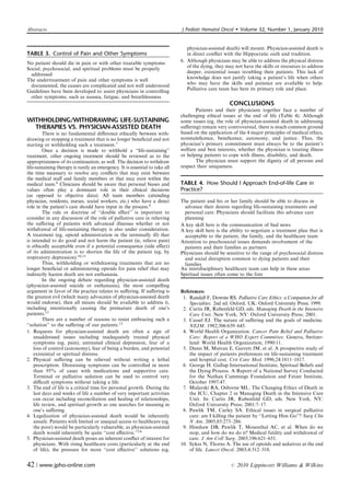 Abstracts                                                                     J Pediatr Hematol Oncol        Volume 32, Number 1, January 2010


                                                                                 physician-assisted death) will mount. Physician-assisted death is
TABLE 3. Control of Pain and Other Symptoms                                      in direct conﬂict with the Hippocratic oath and tradition.
No patient should die in pain or with other treatable symptoms                6. Although physicians may be able to address the physical distress
                                                                                 of the dying, they may not have the skills or resources to address
Social, psychosocial, and spiritual problems must be properly
                                                                                 deeper, existential issues troubling their patients. This lack of
  addressed
The undertreatment of pain and other symptoms is well                            knowledge does not justify taking a patient’s life when others
  documented, the causes are complicated and not well understood                 who may have the skills and patience are available to help.
Guidelines have been developed to assist physicians in controlling               Palliative care team has here its primary role and place.
  other symptoms, such as nausea, fatigue, and breathlessness
                                                                                                     CONCLUSIONS
                                                                                     Patients and their physicians together face a number of
                                                                              challenging ethical issues at the end of life (Table 4). Although
WITHHOLDING/WITHDRAWING LIFE-SUSTAINING                                       some issues (eg, the role of physician-assisted death in addressing
  THERAPIES VS. PHYSICIAN-ASSISTED DEATH                                      suﬀering) remain very controversial, there is much common ground
         There is no fundamental diﬀerence ethically between with-            based on the application of the 4 major principles of medical ethics,
drawing or stopping a treatment that is no longer beneﬁcial and not           nonmaleﬁcence, beneﬁcence, autonomy, and justice. Thus, the
starting or withholding such a treatment.7                                    physician’s primary commitment must always be to the patient’s
         Once a decision is made to withhold a ‘‘life-sustaining’’            welfare and best interests, whether the physician is treating illness
treatment, other ongoing treatment should be reviewed as to the               or helping patients to cope with illness, disability, and death.
appropriateness of its continuation, as well. The decision to withdraw               The physician must support the dignity of all persons and
life-sustaining therapy is rarely an emergency. It is essential to take all   respect their uniqueness.
the time necessary to resolve any conﬂicts that may exist between
the medical staﬀ and family members or that may exist within the
medical team.8 Clinicians should be aware that personal biases and            TABLE 4. How Should I Approach End-of-life Care in
values often play a dominant role in their clinical decisions                 Practice?
(as opposed to objective data). All team members (attending
physician, residents, nurses, social workers, etc.) who have a direct         The patient and his or her family should be able to discuss in
role in the patient’s care should have input in the process.9                   advance their desires regarding life-sustaining treatments and
         The rule or doctrine of ‘‘double eﬀect’’ is important to               personal care. Physicians should facilitate this advance care
consider in any discussion of the role of palliative care in relieving          planning
the suﬀering of patients with advanced illnesses whether or not               A key skill here is the communication of bad news
withdrawal of life-sustaining therapy is also under consideration.            A key skill here is the ability to negotiate a treatment plan that is
A treatment (eg, opioid administration in the terminally ill) that              acceptable to the patient, the family, and the healthcare team
is intended to do good and not harm the patient (ie, relieve pain)            Attention to psychosocial issues demands involvement of the
is ethically acceptable even if a potential consequence (side eﬀect)            patients and their families as partners
of its administration is to shorten the life of the patient (eg, by           Physicians should be sensitive to the range of psychosocial distress
respiratory depression).10,11                                                   and social disruption common to dying patients and their
         Thus, withholding or withdrawing treatments that are no                families
longer beneﬁcial or administering opioids for pain relief that may            An interdisciplinary healthcare team can help in these areas
indirectly hasten death are not euthanasia.                                   Spiritual issues often come to the fore
         In the ongoing debate regarding physician-assisted death
(physician-assisted suicide or euthanasia), the most compelling
argument in favor of the practice relates to suﬀering. If suﬀering is         References:
the greatest evil (which many advocates of physician-assisted death            1. Randall F, Downie RS. Palliative Care Ethics: a Companion for all
would endorse), then all means should be available to address it,                 Specialties. 2nd ed. Oxford, UK: Oxford University Press; 1999.
including intentionally causing the premature death of one’s                   2. Curtis JR, Rubenfeld GD, eds. Managing Death in the Intensive
patients.12                                                                       Care Unit. New York, NY: Oxford University Press; 2001.
         There are a number of reasons to resist embracing such a              3. Cassel EJ. The nature of suﬀering and the goals of medicine.
‘‘solution’’ to the suﬀering of our patients.13                                   NEJM. 1982;306:639–645.
1. Requests for physician-assisted death are often a sign of                   4. World Health Organization. Cancer Pain Relief and Palliative
    unaddressed issues including inadequately treated physical                    Care: Report of a WHO Expert Committee. Geneva, Switzer-
    symptoms (eg, pain), untreated clinical depression, fear of a                 land: World Health Organization; 1990:11.
    loss of control (autonomy), fear of being a burden, and potential          5. Danis M, Mutran E, Garrett JM, et al. A prospective study of
    existential or spiritual distress.                                            the impact of patients preferences on life-sustaining treatment
2. Physical suﬀering can be relieved without writing a lethal                     and hospital cost. Crit Care Med. 1996;24:1811–1817.
    prescription. Distressing symptoms can be controlled in more               6. George H. Gallup International Institute, Spiritual Beliefs and
    than 95% of cases with medications and supportive care.                       the Dying Process. A Report of a National Survey Conducted
    Terminal or palliative sedation can be used to control very                   for the Nathan Cummings Foundation and Fetzer Institute,
    diﬃcult symptoms without taking a life.                                       October 1997:47.
3. The end of life is a critical time for personal growth. During the          7. Mularski RA, Osborne ML. The Changing Ethics of Death in
    last days and weeks of life a number of very important activities             the ICU, Chapter 2 in Managing Death in the Intensive Care
    can occur including reconciliation and healing of relationships,              Unit. In: Curtis JR, Rubenfeld GD, eds. New York, NY:
    life review, and spiritual growth as one searches for meaning in              Oxford University Press; 2001:7–17.
    one’s suﬀering.                                                            8. Pawlik TM, Curley SA. Ethical issues in surgical palliative
4. Legalization of physician-assisted death would be inherently                   care: am I killing the patient by ‘‘Letting Him Go’’? Surg Clin
    unsafe. Patients with limited or unequal access to healthcare (eg,            N Am. 2005;85:273–286.
    the poor) would be particularly vulnerable, as physician-assisted          9. Hinshaw DB, Pawlik T, Mosenthal AC, et al. When do we
    death would inherently be quite ‘‘cost eﬀective.’’14                          stop, and how do we do it? Medical futility and withdrawal of
5. Physician-assisted death poses an inherent conﬂict of interest for             care. J Am Coll Surg. 2003;196:621–651.
    physicians. With rising healthcare costs (particularly at the end         10. Sykes N, Thorns A. The use of opioids and sedatives at the end
    of life), the pressure for more ‘‘cost eﬀective’’ solutions (eg,              of life. Lancet Oncol. 2003;4:312–318.


42 | www.jpho-online.com                                                                              r   2010 Lippincott Williams  Wilkins
 