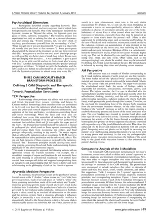 J Pediatr Hematol Oncol      Volume 32, Number 1, January 2010                                                                          Abstracts



Psychospiritual Dimensions                                                mouth is a vata phenomenon, since vata is the only dosha
         Participants described anxiety regarding hypnosis. They          characterized by dryness. So, to sum up, the main imbalance in
were hopeful but skeptical, and were surprised that it helped them        xerostomia is in vata, or, more speciﬁcally, udana vata, which is the
both physically and mentally. One of the participants described the       subdosha in charge of movement upwards and out of the body.
hypnotic process as ‘‘Beyond the saliva, the hypnosis gave you            Imbalance of udana Vata is often caused when one blocks the
peace of mind, calmness, tranquility.’’ The hypnotic process was          expression of emotions, especially those that may be perceived as
experienced not only as calming but also as a pleasant disconnec-         negative or those which assert the person’s will. Udana is also
tion and solitude (eg, ‘‘Twenty minutes, net, you don’t think of          aggravated by withholding urges such as sneezing and belching. In
anything; you disconnect yourself from the surrounding; it’s fun.’’       the case of head and neck irradiation, excess pitta caused locally by
‘‘Once you get into it you are disconnected. You are in a place with      the radiation produces an accumulation of ama (toxins) in the
the sounds that you hear at that moment.’’). Some participants            srotamsi (channels) of the throat area, thus inhibiting the ﬂow of
characterized the impact of the treatment on the way they perceived       matter and energy in the region. Blockage of ﬂow is a vata disorder;
their life: ‘‘You gave us a tool for our soul, a tool that helps you go   hence the imbalance in udana, which in turn causes bodhaka kapha
on with your life in a better state of mind than before. It was more      to dry up. This can be alleviated by vata pacifying methods such as
than just helping with the saliva y it was combined. It gave a good       eating sour, sweet, and salty foods. Other tastes, such as the
feeling to go on with your life and not to think about what’s wrong       astringent (drying) taste, should be avoided. Ama may be minimized
with you.’’ Another participant concluded this bio-psycho-spiritual       by drinking hot, boiled water throughout the day. The throat chakra
perspective as follows: ‘‘It helped me with the headaches and the         is balanced by wearing blue colors and chanting certain mantras.
saliva and it also helped me calm myself in all kinds of situations. I
took the hypnosis experience to almost every area in my life.’’           AM Perspective
                                                                                  AM perceives man as a complex of 4 bodies corresponding to
                                                                          the 4 Greek medicine elements of earth, water, air, and ﬁre (warmth).
            THREE CAM MODALITY-BASED                                      The lower bodies include the ‘‘physical body’’ corresponding to the
              BRAINSTORM PROCESSES                                        material and measurable mineral realm and the water-related ‘‘etheric
                                                                          body,’’ the carrier of life and growth forces. The upper bodies include
 Defining 3 CAM Diagnostic and Therapeutic                                the wind-related astral body, the carrier of feelings, which is
                 Perspectives                                             responsible for emotions, consciousness, movement, desires, and
Towards Postradiation Xerostomia*                                         dreams. The highest member, the I or ego, is identiﬁed with the
                                                                          warmth element and the human spirit, which gives man the ability for
TCM Perspective                                                           self-reﬂection, thinking, creativity, and free will. According to the
       Radiotherapy often produces side eﬀects such as dry mouth          anthroposophic perspective, radiation weakens the etheric body (life
and throat, low-grade fever, nausea, vomiting, and fatigue. In            force), which protects the glands through ﬂuid content. Therefore, on
Chinese medical terminology these manifestations are considered           the one hand the mineralizing force of the physical body streaming
to be ﬁre and toxic heat (the radiation), which damage body ﬂuids,        from the environment increases whereas, on the other hand, the
cause the spleen and stomach (digestive function) disharmony, and         binding of the ‘‘astral-I’’ increases as well to this region, creating a
depletion of the liver and kidney yin (elements controlling blood         catabolic-destroying process and dryness of the tissue associated with
and tissue moistening). When the head and neck area are                   pain. This over binding may proceed to produce local ulcers and
irradiated, heat toxins (the equivalent of radiation in the TCM           other signs of overly destructive activity. Treatment principles include
world of metaphors) damage yin in the upper warmer [a theoretical         increasing the activity of the life forces through a combination of
construct that mobilizes ﬂuids and Qi (energy) in the upper part of       homeopathic low potency of Silver (Argentum metallicum) combined
the body]. The dryness/heat/warmth induced by radiation is related        with organotherapy of the gland (Glandula salivaris). This allows the
to pathogenic ﬁre, which tends to ﬂame upward consuming ﬂuids             astral and I to be looser and function in harmony with the salivary
and preventing them from moistening the oriﬁces and ﬂuid                  gland. Imagining water and plants can be helpful in increasing the
passages adequately, resulting in dry mouth. The major organs             patient’s own vital forces (eg, creating the picture of a rain forest with
that are aﬀected by radiation and are considered by TCM theory to         its watery plants and moisture). In this way the anthroposophic
be responsible for saliva production are the spleen and kidneys. The      physician attains relaxation (stress increases the binding of the astral
yin and ﬂuid elements of these organs are targeted by the radiation-      body to the gland while relaxation loosens it) that enhances the
induced ‘‘ﬁre.’’ Treatment principles include clearing heat, resol-       patient’s healing process.
ving toxicity, generating blood and ﬂuids, and moistening dryness,
speciﬁcally of the above-mentioned organs.
*The reader is encouraged to approach the following sections with an      Comparative Analysis of the 3 Modalities
open-mind toward the 3-system taxonomy. For example, the 3                         The 4 medical CAM practitioners participating in the study’s
modalities’ concepts of organs and functions do not necessarily have      brainstorm process were asked to deﬁne each system’s approach to
the same meaning in conventional vocabulary. The authors have             etiology, diagnosis, and treatment of postradiation xerostomia. Next,
marked these concepts with italics and suggested conceptualizing them     they were asked to suggest metaphors that relate symbolically or
as metaphors and acknowledging that they have a deeper and more           taxonomically to these diagnostic and therapeutic levels according to
valid meaning in the philosophy of each of the 3 medical systems.         the etiology or treatment of the CAM modality. The practitioners
                                                                          were encouraged to include metaphors that relate to elements of
                                                                          nature and man, food tastes, colors, sounds, directions, and animal-
Ayurvedic Medicine Perspective                                            like suggestions. Table 1 compares the 3 systems’ approaches to
        In ayurveda, the physiology is seen as the product of certain     postradiation xerostomia at 4 levels of etiology, diagnosis, treatment
forces known as the 3 ‘‘doshas,’’ whose names are ‘‘vata’’ (the force     principles, and corresponding metaphors. Figure 1 (lower section)
governing motion, made of air and space, or ‘‘ether’’), ‘‘pitta’’ (the    illustrates the main features of each of the 3 modalities with regard to
force governing metabolism, made of ﬁre and water), and ‘‘kapha’’         postradiation xerostomia. Of these features, the authors condensed 3
(the force governing growth, made of earth and water). Each dosha         archetypal images stemming from the 3 system modalities: (1) TCM
is divided into 5 subdoshas. The production of saliva is a function       nourishment image that holds a cool (dew)—ﬁre (vapor) polarity,
governed by the bodhaka kapha subdosha. Imbalance in bodhaka              suggesting ﬂow, ﬁltration, and exhalation. (2) Ayurvedic rebalancing
kapha is often caused by an overload of information on the senses         image that maintains harmony between water and earth elements in
and the nervous system. Such a situation, although it inﬂuences           an upward and outward direction. (3) Anthroposophic strengthening-
Kapha, is essentially a vata situation. Additionally, bodhaka is          loosening image that maintains dual processes of strengthening the
energetically linked to the throat chakra, which is the same chakra       water/plant-like element (the etheric) and loosening the upper bodies’
inﬂuencing the udana vata subdosha. On top of that, dryness of the        connection as reﬂected by a calm soft rain forest image.


r   2010 Lippincott Williams  Wilkins                                                                          www.jpho-online.com |           49
 