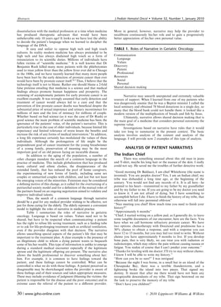 Abstracts                                                                   J Pediatr Hematol Oncol         Volume 32, Number 1, January 2010


dissatisfaction with the medical profession at a time when medicine         More in general, however, narrative may help the provider to
has produced therapeutic advances that would have been                      recalibrate continuously his/her role and to gain a progressively
unbelievable only 10 years ago! It looks as we have lost the ability        better appreciation of his/her own personal value.
to decode the patient’s language when we learned to decipher the
language of the DNA.
        It easy and unfair to oppose high tech and high touch               TABLE 1. Roles of Narrative in Geriatric Oncology
cultures. In reality modern medicine has always pretended to be
high tech and has always disdained high touch as a form of                  Communication
renunciation to its scientiﬁc duties. Millions of individuals have            Language
fallen victims of ‘‘scientiﬁc medicine.’’ It is well known that Dr            Values
Benjamin Rush killed many more patients with the phlebotomies               Discovery
used to treat yellow fever than the yellow fever ever did in Chicago          Patient
in the 1800s, and we have recently learned that many more people              Professional
have been hurt by the early detection of prostate cancer than ever          Resources
would have been by prostate cancer itself.4,5 Thus, I believe that the        Social
technology itself is not to blame. Rather one should blame a 2-fold           Personal
false pretense entailing that medicine is a science and that medical        Shared decision making
ﬁndings always promote human happiness and prosperity. The
screening of asymptomatic patients for early prostate cancer is an                  Narrative may unearth unexpected and extremely valuable
excellent example. It was wrongly assumed that early detection and          sources of support. When I learned from one of my patients who
treatment of cancer would always led to a cure and that the                 was dangerously anemic that he was a Baptist minister I called the
prevention of few prostate cancer deaths was beneﬁcial despite the          local seminary and obtained 78 blood donations in a single day, so
substantial price of sexual impotence and urinary incontinence for          many that the blood bank could not handle them: it looked like a
millions of men and the loss of intimacy for millions of couple.            modern version of the multiplication of breads and ﬁsh by Jesus.
Whether based on bad science (as it was the case of Dr Rush) or                     Ultimately, narrative allows shared decision making that is
good science the main problem of scientiﬁc medicine has been the            the main goal of a medicine that considers personal autonomy the
ignorance of the patients’ voice, of the patient’s narrative. This is       supreme value.
particularly true in the case of older individuals, because limited life            Investigations based on narrative have rules that it would
expectancy and limited tolerance of stress lessen the beneﬁts and           take too long to summarize in the present context. The basic
increase the risk of any forms of medical intervention.1 In addition,       analysis involves analysis of the content and analysis of the
a long life experience certainly has modulated the values of these          language. I will provide now 2 examples of this type of analysis.
individuals. Although the prolongation of life might be the
preponderant goal of cancer treatment for the young breadwinner
of a young family, preservation of meaning may be the most                          ANALYSIS OF PATIENT NARRATIVES
important goal of an old person facing an incurable disease.
        In addition to the aging of the population, a number of             The Indian Chief
other changes mandate the search of a common language in the                       There was something unusual about this old man in jeans
practice of medicine. This include globalization that has produced          and T-shirt, maybe his long hair or the nuance of the skin. I really
many cultural and ethnic clashes, the disappearance of the                  could not say. He saved me the troubles of further detective work:
extended family, that has reduced the pool of home caregivers,
the experimenting of new forms of family, including same sex                ‘‘Good morning Dr Balducci, I am chief Whitehorse (the name is
couples or unmarried couples with children, and last but not least          invented). You are perplex doctor? Yes, I am an Indian chief; my
the emerging voices of the minorities. Feminism may be considered           tribe was disbanded a long time ago, at the beginning of the
a deﬁning motive of this change, as it called for the overturning of a      century. You would not ﬁnd any records of it. It is all here—he
patriarchal society model and for a deﬁnition of the mutual roles of        pointed to his heart—transmitted to my father by my grandfather
the partners based on an ongoing negotiation aimed to validate and          and by my father to me. If you are going to be my doctor you need
improve individual talents.                                                 to know it. I am not afraid of dying, but I have something to
        Thus, the search of a common language through narrative             accomplish before I die. I have to ﬁnish the history of my tribe, that
should be a goal for any medical provider wishing to be eﬀective, not       otherwise will fall into perennial oblivion’’
just for those caring for the elderly. The elderly represent a convenient   ‘‘Nice meeting you chief! How much time you need to ﬁnish your
model to highlight the roles of narrative in medical practice.              history?’’
        Table 1 summarizes the roles of narrative in geriatric              ‘‘Approximately 6 months’’
oncology. Language is based on values. Values need not to be                ‘‘Chief, I started writing on a yellow pad, as I generally do, to leave
shared, but have to be respected when communicating: a patient              some tangible documents of our encounter, here are the facts. You
has the right to refuse life saving treatment, such as a feeding tube       have what we call hormone refractory prostate cancer. We have
or to ask for life-prolonging treatment such as artiﬁcial ventilation,      two options: chemotherapy with Docetaxel and prednisone has a
even if the provider disagrees with that decision. The narrative            50% chance to obtain a response, and with a response you can
allows unearthing special aspects of the patient’s life that may be         leave 12 to 13 months, but you may feel too tired to write. Without
important to the treatment plan. A clear example is the presence of         chemo you have approximately 9 months to live. If you develop
an illegitimate child to whom a dying patient wants to bequeath             bone pain, that is very likely, we can treat you with radiation or
some of his/her wealth. This type of information is unlike to emerge        radioisotopes, which may relieve the pain without causing nausea or
during a standard medical encounter especially if the legitimate            fatigue. You realize of course that I can’t predict your outcome.’’
spouse and the legitimate oﬀspring are present. The narrative also          ‘‘Thanks for leveling with me doctor: I’ll try to stay without chemo.
allows the health professional to discover something about her/             I know I will be able to write my history.’’
him. For example, it is common to have feelings toward the                  ‘‘How can you be so sure?’’ I was intrigued
patient, and these feelings cannot be controlled. What can be               ‘‘Because the night I was borne, in a small hut in an island of the
controlled is what we do with those feelings. A patient perceived as        Chesapeake Bay, there was a terrible thunderstorm, and a
disagreeable may be shortchanged unless the provider is aware of            lightening broke the island into two pieces. That signed my
these feelings and of their sources and takes appropriate measures.         destiny. It meant that after me there would have not been any
These may include avoidance of judgment (blaming the victims: the           recognizable descendants of my tribe. That sign bestowed on me
patient is responsible for the disease and the poor outcome) and in         the task to preserve the memory of my tribe.
extreme cases the referral of the patient to a diﬀerent provider.           ‘‘Don’t have you children?’’


30 | www.jpho-online.com                                                                             r   2010 Lippincott Williams  Wilkins
 