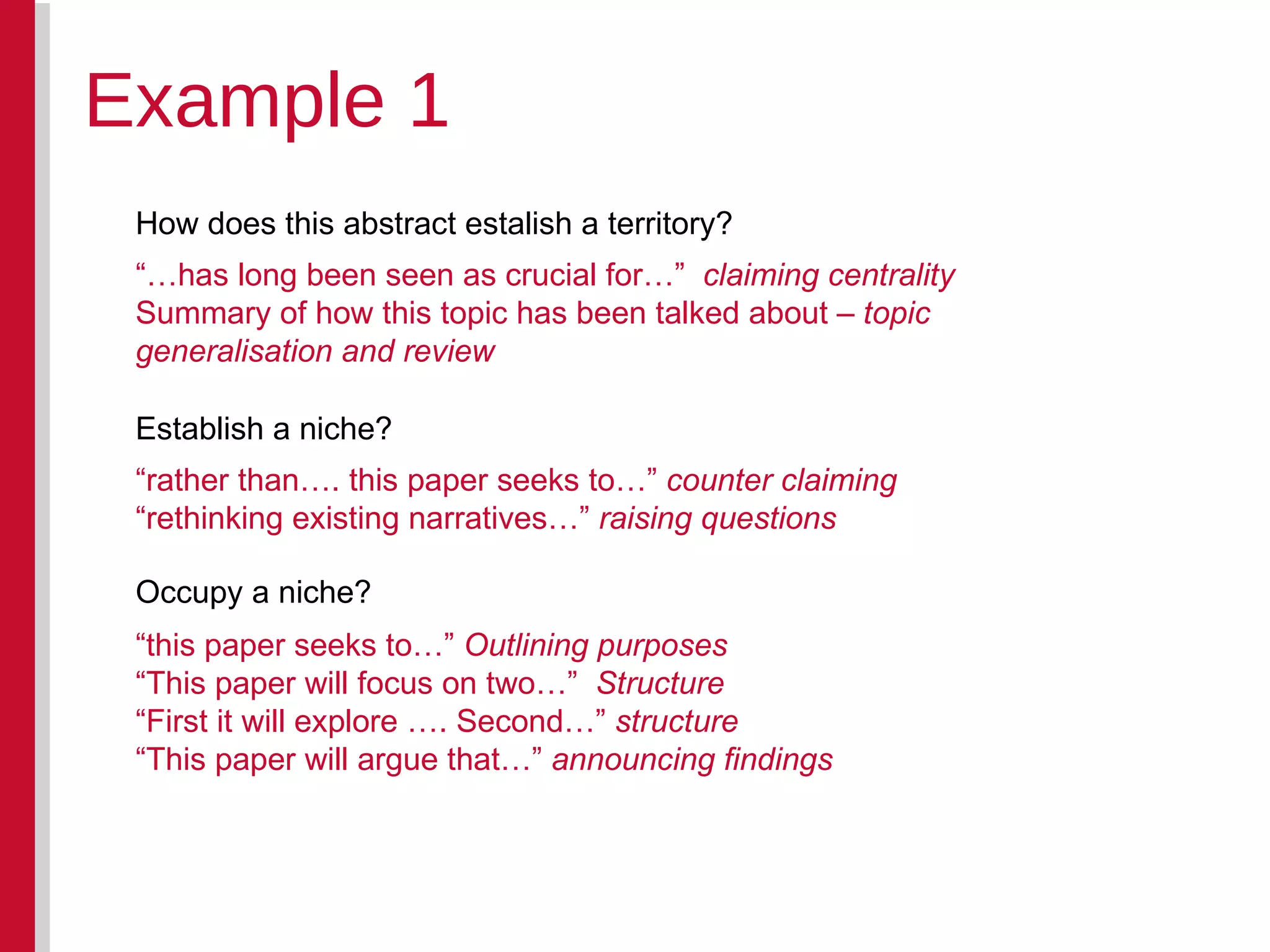 Example 1 How does this abstract estalish a territory? “… has long been seen as crucial for…”  claiming centrality Summary of how this topic has been talked about –  topic generalisation and review Establish a niche? “ rather than…. this paper seeks to…”  counter claiming “rethinking existing narratives…”  raising questions Occupy a niche? “ this paper seeks to…”  Outlining purposes “ This paper will focus on two…”  Structure “First it will explore …. Second…”  structure “ This paper will argue that…”  announcing findings 