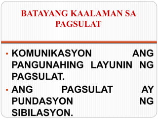 BATAYANG KAALAMAN SA
PAGSULAT
• KOMUNIKASYON ANG
PANGUNAHING LAYUNIN NG
PAGSULAT.
• ANG PAGSULAT AY
PUNDASYON NG
SIBILASYON.
 