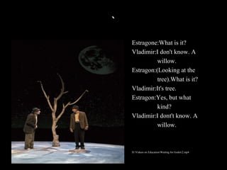 `
Estragone:What is it?
Vladimir:I don't know. A
willow.
Estragon:(Looking at the
tree).What is it?
Vladimir:It's tree.
Estragon:Yes, but what
kind?
Vladimir:I dont't know. A
willow.

D:Videos on EducationWaiting for Godot2.mp4

 