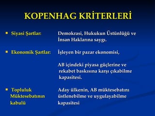 KOPENHAG KRİTERLERİ
   Siyasi Şartlar:     Demokrasi, Hukukun Üstünlüğü ve
                        İnsan Haklarına saygı.

   Ekonomik Şartlar:   İşleyen bir pazar ekonomisi,

                        AB içindeki piyasa güçlerine ve
                        rekabet baskısına karşı çıkabilme
                        kapasitesi.

   Topluluk            Aday ülkenin, AB müktesebatını
    Müktesebatının      üstlenebilme ve uygulayabilme
    kabulü              kapasitesi
 