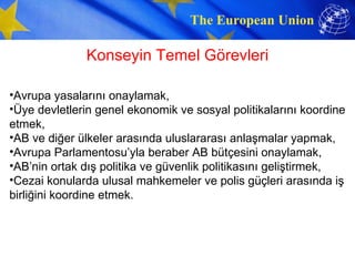 Konseyin Temel Görevleri Avrupa yasalarını onaylamak, Üye devletlerin genel ekonomik ve sosyal politikalarını koordine etmek,  AB ve diğer ülkeler arasında uluslararası anlaşmalar yapmak,  Avrupa Parlamentosu’yla beraber AB bütçesini onaylamak,  AB’nin ortak dış politika ve güvenlik politikasını geliştirmek,  Cezai konularda ulusal mahkemeler ve polis güçleri arasında iş birliğini koordine etmek.  