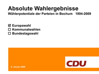 Absolute Wahlergebnisse Wählerpotentiale der Parteien in Bochum  1994-2009   Europawahl   Kommunalwahlen   Bundestagswahl 6. Januar 2006 