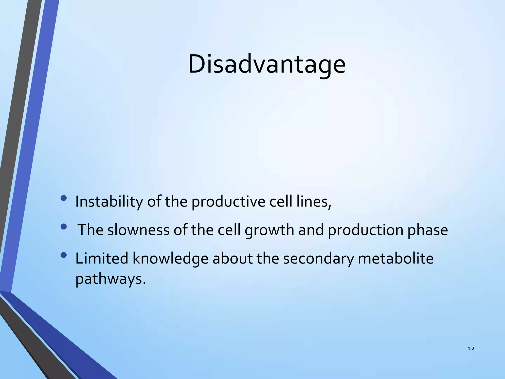 Disadvantage
• Instability of the productive cell lines,
• The slowness of the cell growth and production phase
• Limited knowledge about the secondary metabolite
pathways.
12
 