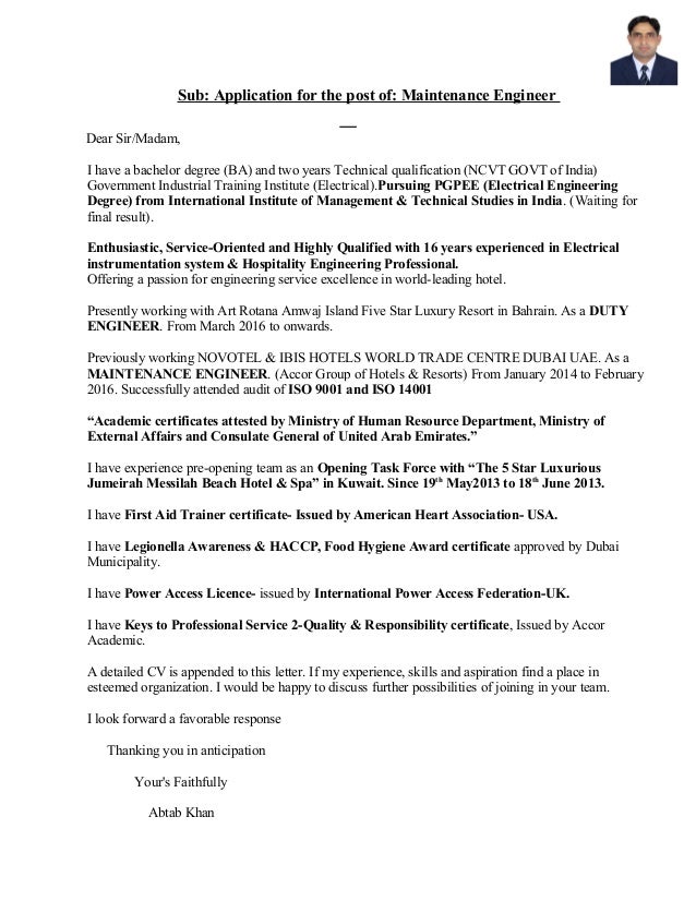 abtab cv for maintenance engineer