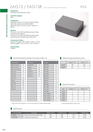 Die Cast Aluminium Enclosures 
125 
ZAG15 / ZAG15R DieCastAluminiumEnclosures IP65 
Application 
Industrial and Hazardous areas 
Protection Degree 
IP65 
Certification 
ATEX EEx e (Zone 1  Zone 2) to BS EN 50019 
ATEX EEx nA (Zone 2) to BS EN 50021 
NEMA 4X (CSA, UL  FM) Class 1 Division 2 
IEC Ex 
Material 
Precision Cast AISI12 (LM24) Aluminium Alloy 
unpainted (R versions) 
Precision Cast AISI12 (LM24) Aluminium Alloy 
painted epoxy polyester grey (RAL7001) 
Temperature Rating 
Neoprene gasket: -40o to 80oC (-40o to 176o F) 
Silicone gasket: -70o to 130oC (-94o to 266o F) 
Power Rating 
9.500W 
Terminal Populations (Maximum Number of Rails = 3) 
Weidmuller Entrelec Wago 
BK4 (4 way) 10 MA2.5/5 76 280-992 70 
BK6 (6 way) 8 M4/6 62 280-999 70 
BK12 (12 way) 4 M6/8 48 281-691 60 
MK 6/3 10 M10/10 38 281-992 60 
MK 6/4 8 M16/12 32 281-993 60 
MK 6/6 4 M35/16 24 282-691* 46 
SAK 2.5 62 284-691* 36 
SAK 4 58 283-691 15 
SAK 6N 48 285-691 10 
SAK 10 38 280-998 70 
SAK 16 32 281-998 60 
SAK 35 24 264-120 62 
264-220 36 
264-132(2) 12 
264-134(4) 8 
262-132(2) 12 
264-134(4) 8 
* Check that this enclosure can accommodate the cable bending radius 
Specifications 
Drilling Envelope Dimensions (mm) 
Side A - C Side B - D 
Width 150 150 
Height 85 76 
Gland Entry Matrix * 
Size Side A - C Side B - D 
M16 9 8 
M20 6 6 
M25 4 3 
M32 2 2 
M40 2 2 
* Using standard gland clearances 
Part Number Material Width (mm) Length (mm) Depth (mm) Weight (g) 
ZAG15 Painted Aluminium (RAL7001) 202 230 110 2750 
ZAG15R Unpainted Aluminium 202 230 110 2750 
 