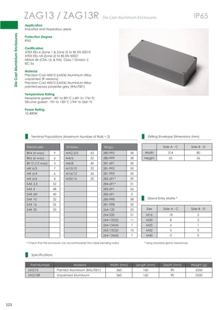 Die Cast Aluminium Enclosures 
121 
 
 
 
 
 
 
 
 
 
 
 
 
 
 
 
 
 
 
 
 
 
 
 
 
 
 
 
 
 
 
ZAG13 / ZAG13R DieCastAluminiumEnclosures IP65 
Application 
Industrial and Hazardous areas 
Protection Degree 
IP65 
Certification 
ATEX EEx e (Zone 1  Zone 2) to BS EN 50019 
ATEX EEx nA (Zone 2) to BS EN 50021 
NEMA 4X (CSA, UL  FM) Class 1 Division 2 
IEC Ex 
Material 
Precision Cast AISI12 (LM24) Aluminium Alloy 
unpainted (R versions) 
Precision Cast AISI12 (LM24) Aluminium Alloy 
painted epoxy polyester grey (RAL7001) 
Temperature Rating 
Neoprene gasket: -40o to 80oC (-40o to 176o F) 
Silicone gasket: -70o to 130oC (-94o to 266o F) 
Power Rating 
10.400W 
Terminal Populations (Maximum Number of Rails = 2) 
Weidmuller Entrelec Wago 
BK4 (4 way) 9 MA2.5/5 63 280-992 58 
BK6 (6 way) 6 M4/6 52 280-999 58 
BK12 (12 way) 3 M6/8 40 281-691 50 
MK 6/3 7 M10/10 32 281-992 50 
MK 6/4 6 M16/12 26 281-993 50 
MK 6/6 4 M35/16 20 282-691* 39 
SAK 2.5 52 284-691* 31 
SAK 4 48 283-691 26 
SAK 6N 40 285-691 0 
SAK 10 32 280-998 58 
SAK 16 26 281-998 50 
SAK 35 20 264-120 52 
264-220 31 
264-132(2) 11 
264-134(4) 7 
262-132(2) 10 
264-134(4) 7 
* Check that this enclosure can accommodate the cable bending radius 
Specifications 
Drilling Envelope Dimensions (mm) 
Side A - C Side B - D 
Width 314 80 
Height 65 56 
Gland Entry Matrix * 
Size Side A - C Side B - D 
M16 18 2 
M20 8 2 
M25 6 1 
M32 5 0 
M40 0 0 
* Using standard gland clearances 
Part Number Material Width (mm) Length (mm) Depth (mm) Weight (g) 
ZAG13 Painted Aluminium (RAL7001) 360 160 90 2550 
ZAG13R Unpainted Aluminium 360 160 90 2550 
 