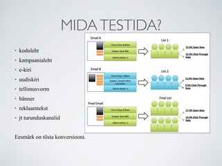 MIDATESTIDA?
• koduleht
• kampaanialeht
• e-kiri
• uudiskiri
• tellimusvorm
• bänner
• reklaamtekst
• jt turunduskanalid
Eesmärk on tõsta konversiooni.
 