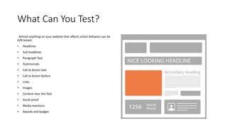 What Can You Test?
Almost anything on your website that affects visitor behavior can be
A/B tested.
• Headlines
• Sub headlines
• Paragraph Text
• Testimonials
• Call to Action text
• Call to Action Button
• Links
• Images
• Content near the fold
• Social proof
• Media mentions
• Awards and badges
 
