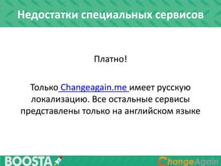 Недостатки специальных сервисов
Платно!
Только Changeagain.me имеет русскую
локализацию. Все остальные сервисы
представлены только на английском языке
 