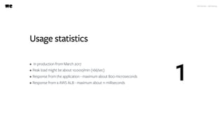 WeTransfer - A/B testing
Usage statistics
• In production from March 2017
• Peak load might be about 10.000/min (166/sec)
• Response from the application - maximum about 800 microseconds
• Response from a AWS ALB - maximum about 11 milliseconds
1
 