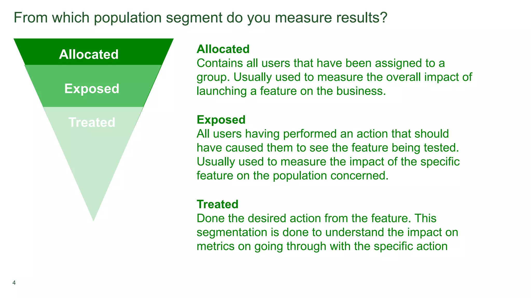 4
From which population segment do you measure results?
Treated
Exposed
Allocated Allocated
Contains all users that have been assigned to a
group. Usually used to measure the overall impact of
launching a feature on the business.
Exposed
All users having performed an action that should
have caused them to see the feature being tested.
Usually used to measure the impact of the specific
feature on the population concerned.
Treated
Done the desired action from the feature. This
segmentation is done to understand the impact on
metrics on going through with the specific action
 