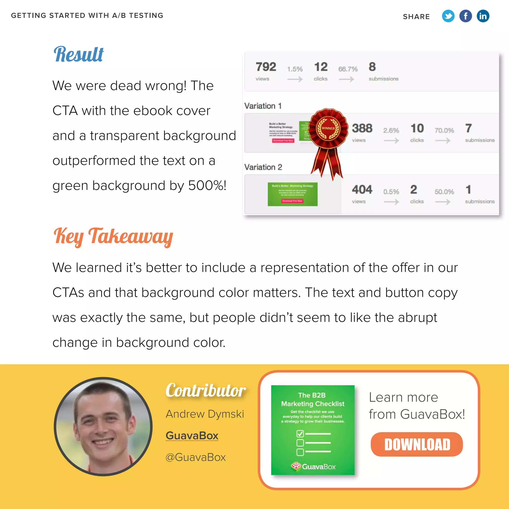 GETTING STARTED WITH A/B TESTING

SHARE

Result
We were dead wrong! The
CTA with the ebook cover
and a transparent background
outperformed the text on a
green background by 500%!

Key Takeaway
We learned it’s better to include a representation of the offer in our
CTAs and that background color matters. The text and button copy
was exactly the same, but people didn’t seem to like the abrupt
change in background color.

Contributor
Andrew Dymski
GuavaBox
@GuavaBox

Learn more
from GuavaBox!

DOWNLOAD

 