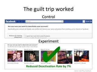The guilt trip worked
            Control




         Experiment



          ✔
 Reduced Deactivation Rate by 7%
                                   Source: Julie Zhou, Facebook
 