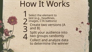 How It Works
Select the element to
test (e.g., headlines,
images, CTA buttons)
Create two versions (A
and B)
Split your audience into
two groups randomly
Collect and analyze data
to determine the winner
1
2
3
4
 