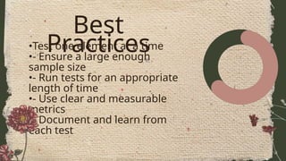 Best
Practices
•Test one element at a time
•- Ensure a large enough
sample size
•- Run tests for an appropriate
length of time
•- Use clear and measurable
metrics
•- Document and learn from
each test
 