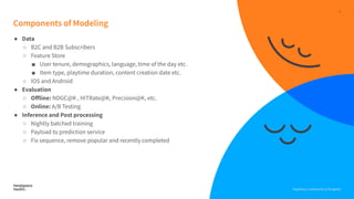 Proprietary, Confidential, & Thoughtful
Components of Modeling
● Data
○ B2C and B2B Subscribers
○ Feature Store
■ User tenure, demographics, language, time of the day etc.
■ Item type, playtime duration, content creation date etc.
○ IOS and Android
● Evaluation
○ Oﬀline: NDGC@K , HITRate@K, Precision@K, etc.
○ Online: A/B Testing
● Inference and Post processing
○ Nightly batched training
○ Payload to prediction service
○ Fix sequence, remove popular and recently completed
Proprietary, Confidential, & Thoughtful
8
 