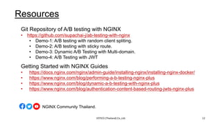 Resources
Git Repository of A/B testing with NGINX
• https://github.com/supachai-j/ab-testing-with-nginx
• Demo-1: A/B testing with random client spliting.
• Demo-2: A/B testing with sticky route.
• Demo-3: Dynamic A/B Testing with Multi-domain.
• Demo-4: A/B Testing with JWT
Getting Started with NGINX Guides
• https://docs.nginx.com/nginx/admin-guide/installing-nginx/installing-nginx-docker/
• https://www.nginx.com/blog/performing-a-b-testing-nginx-plus
• https://www.nginx.com/blog/dynamic-a-b-testing-with-nginx-plus
• https://www.nginx.com/blog/authentication-content-based-routing-jwts-nginx-plus
VSTECS (Thailand) Co.,Ltd. 12
NGINX Community Thailand.
 