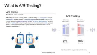 What is A/B Testing?
https://www.orderhive.com/knowledge-center/ab-testing
VSTECS (Thailand) Co.,Ltd. 2
 