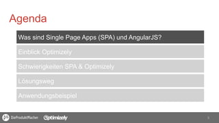 5	
  
Agenda
Was sind Single Page Apps (SPA) und AngularJS?
Einblick Optimizely
Schwierigkeiten SPA & Optimizely
Lösungsweg
Anwendungsbeispiel
 