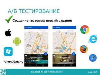 Киев 2017
A/B ТЕСТИРОВАНИЕ
РАБОТАЕТ ЛИ A/B ТЕСТИРОВАНИЕ?
Создание тестовых версий страниц
 