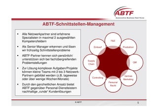 ABTF-Schnittstellen-Management

Alle Netzwerkpartner sind erfahrene
Spezialisten in maximal 2 ausgewählten
Kompetenzfeldern
Als Senior Manager erkennen und lösen
wir frühzeitig Schnittstellenprobleme
ABTF-Partner kennen sich persönlich/
unterstützen sich bei fachübergreifenden
Problemstellungen
Zur Lösung komplexer Aufgaben/Projekte
können kleine Teams mit 2 bis 3 Netzwerk-
Partnern gebildet werden (z.B. tageweise
oder über wenige Wochen/Monate)
Durch den ganzheitlichen Ansatz bietet
ABTF gegenüber Personal-Dienstleistern
nachhaltige „runde“ Kundenlösungen


                                       © ABTF   5
 