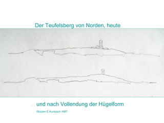 Der Teufelsberg von Norden, heute
... und nach Vollendung der Hügelform
Skizzen E.Kuntzsch /ABT
 