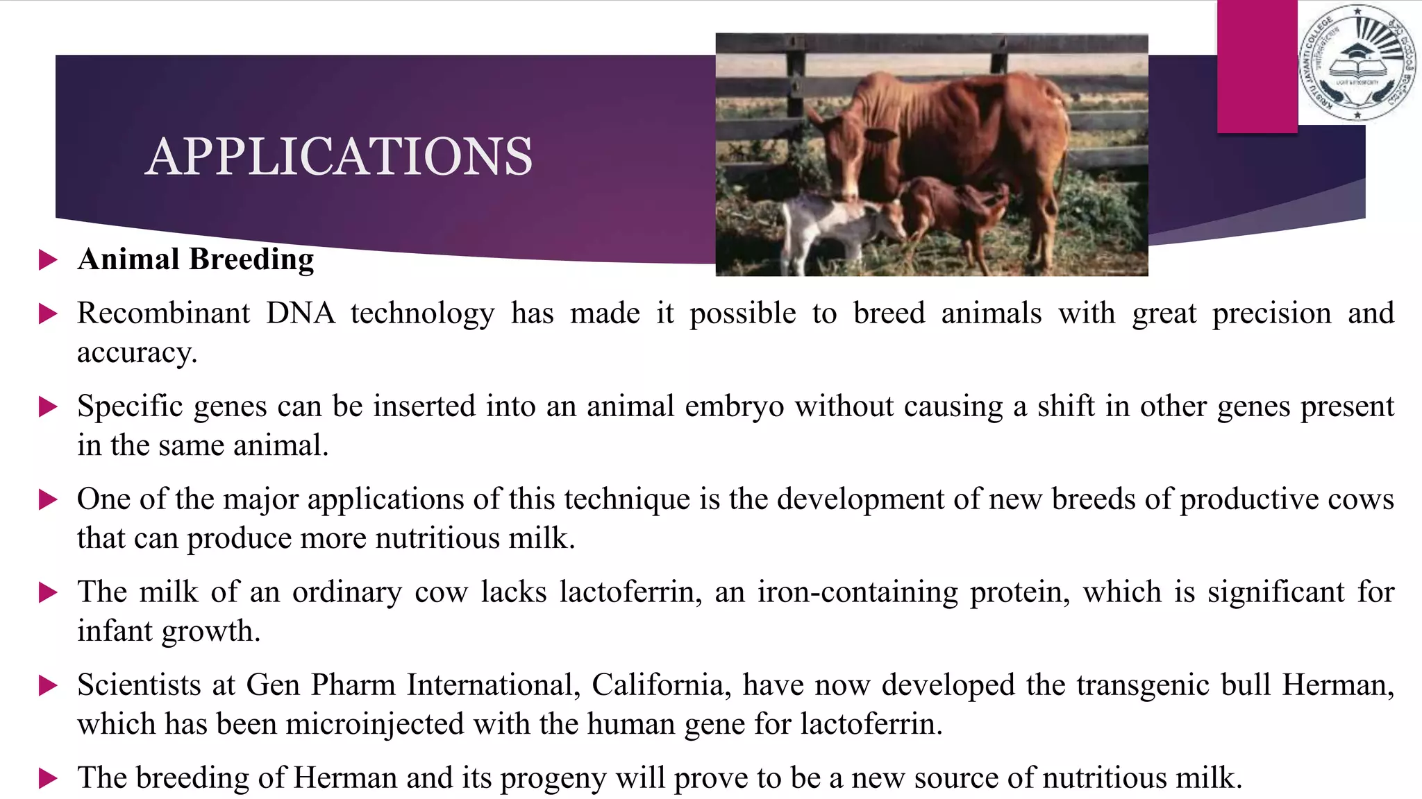 APPLICATIONS
 Animal Breeding
 Recombinant DNA technology has made it possible to breed animals with great precision and
accuracy.
 Specific genes can be inserted into an animal embryo without causing a shift in other genes present
in the same animal.
 One of the major applications of this technique is the development of new breeds of productive cows
that can produce more nutritious milk.
 The milk of an ordinary cow lacks lactoferrin, an iron-containing protein, which is significant for
infant growth.
 Scientists at Gen Pharm International, California, have now developed the transgenic bull Herman,
which has been microinjected with the human gene for lactoferrin.
 The breeding of Herman and its progeny will prove to be a new source of nutritious milk.
 