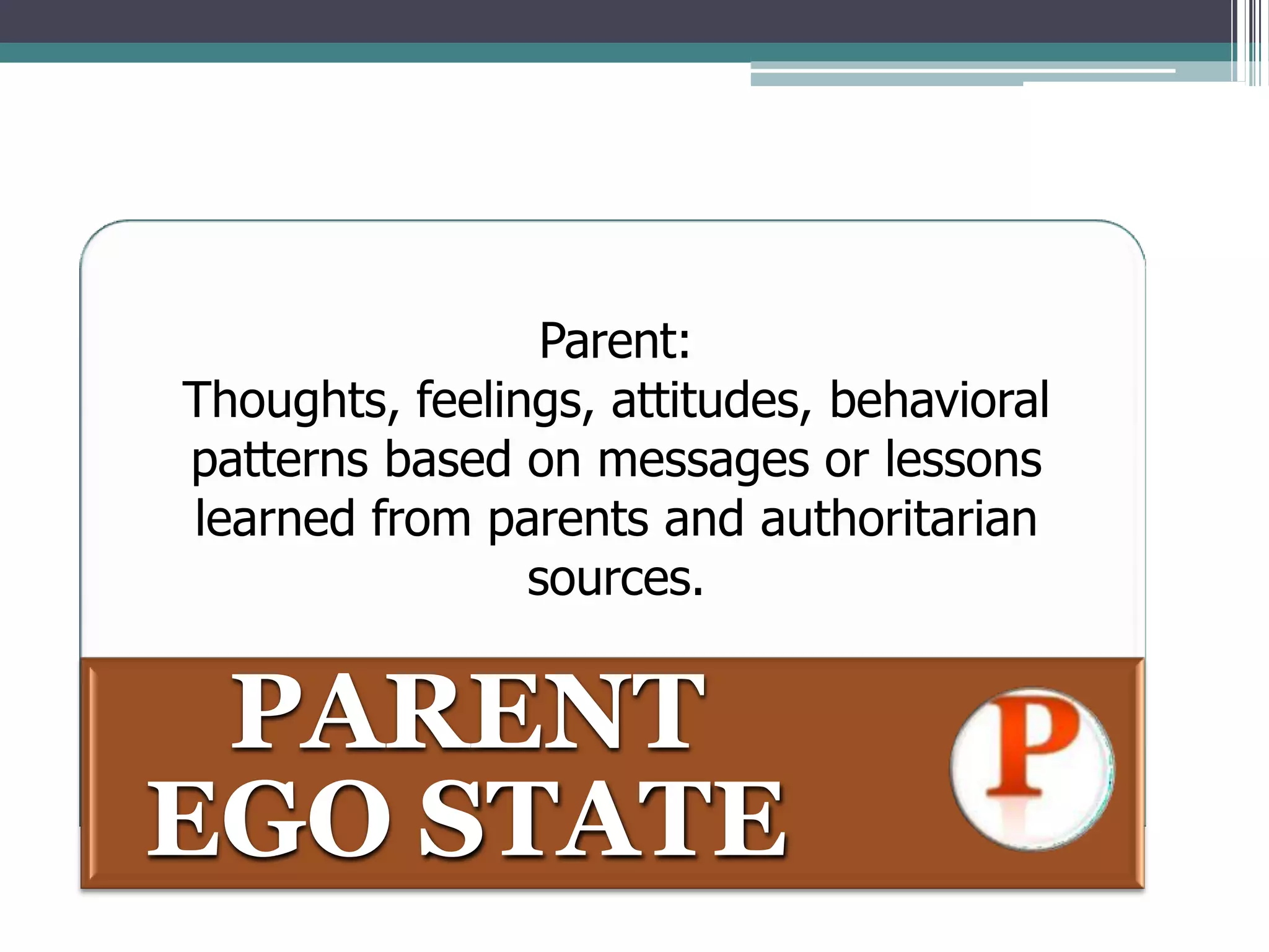 PARENT
EGO STATE
Parent:
Thoughts, feelings, attitudes, behavioral
patterns based on messages or lessons
learned from parents and authoritarian
sources.
 