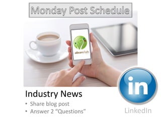 LinkedIn
• Share blog post
• Answer 2 “Questions”
Industry News
 