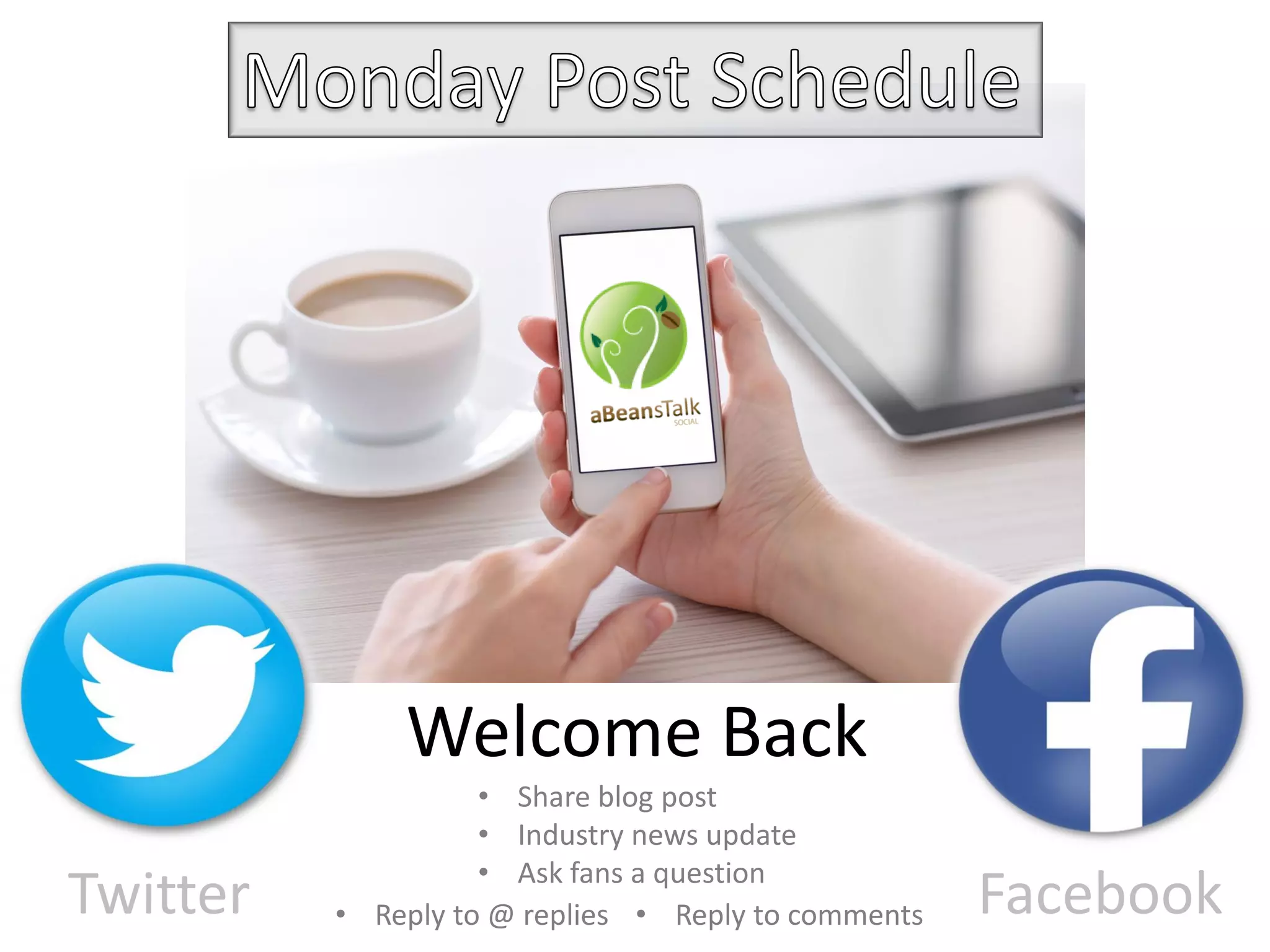 Twitter Facebook
• Both - How to article
Get it done Tuesday
• Retweet 2 articles
• Reply to @ replies
• Ask fans a question
• Reply to comments
.com
 