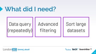 @areej_abuali
What did I need?
28
Data query
(repeatedly)
Advanced
ﬁltering
Sort large
datasets
 