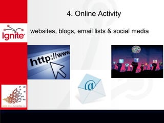 4. Online Activity

websites, blogs, email lists & social media
 