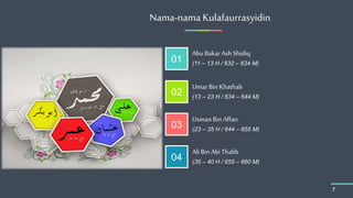 Nama-nama Kulafaurrasyidin
7
(11 – 13 H / 632 – 634 M)
Abu Bakar Ash Shidiq
(13 – 23 H / 634 – 644 M)
Umar Bin Khathab
(23 – 35 H / 644 – 655 M)
UsmanBinAffan
(35 – 40 H / 655 – 660 M)
Ali Bin AbiThalib
01
02
03
04
 