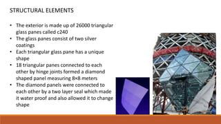 • The exterior is made up of 26000 triangular
glass panes called c240
• The glass panes consist of two silver
coatings
• Each triangular glass pane has a unique
shape
• 18 triangular panes connected to each
other by hinge joints formed a diamond
shaped panel measuring 8×8 meters
• The diamond panels were connected to
each other by a two layer seal which made
it water proof and also allowed it to change
shape
STRUCTURAL ELEMENTS
 
