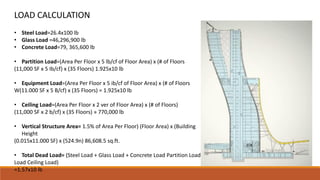 • Steel Load=26.4x100 lb
• Glass Load =46,296,900 lb
• Concrete Load=79, 365,600 lb
• Partition Load=(Area Per Floor x 5 lb/cf of Floor Area) x (# of Floors
(11,000 SF x 5 Ib/cf) x (35 Floors) 1.925x10 lb
• Equipment Load=(Area Per Floor x 5 ib/cf of Floor Area) x (# of Floors
W(11.000 SF x 5 B/cf) x (35 Floors) = 1.925x10 lb
• Ceiling Load=(Area Per Floor x 2 ver of Floor Area) x (# of Floors)
(11,000 SF x 2 b/cf) x (35 Floors) » 770,000 lb
• Vertical Structure Area= 1.5% of Area Per Floor) (Floor Area) x (Building
Height
(0.015x11.000 SF) x (524.9n) 86,608.5 sq.ft.
• Total Dead Load= (Steel Load + Glass Load + Concrete Load Partition Load
Load Ceiling Load)
=1.57x10 lb
LOAD CALCULATION
 
