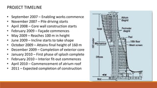 PROJECT TIMELINE
• September 2007 – Enabling works commence
• November 2007 – Pile driving starts
• April 2008 – Core wall construction starts
• February 2009 – Façade commences
• May 2009 – Reaches 100 m in height
• June 2009 – Incline starts to take shape
• October 2009 – Attains final height of 160 m
• December 2009 – Completion of exterior core
• January 2010 – First phase of splash complete
• February 2010 – Interior fit-out commences
• April 2010 – Commencement of atrium roof
• 2011 – Expected completion of construction
 