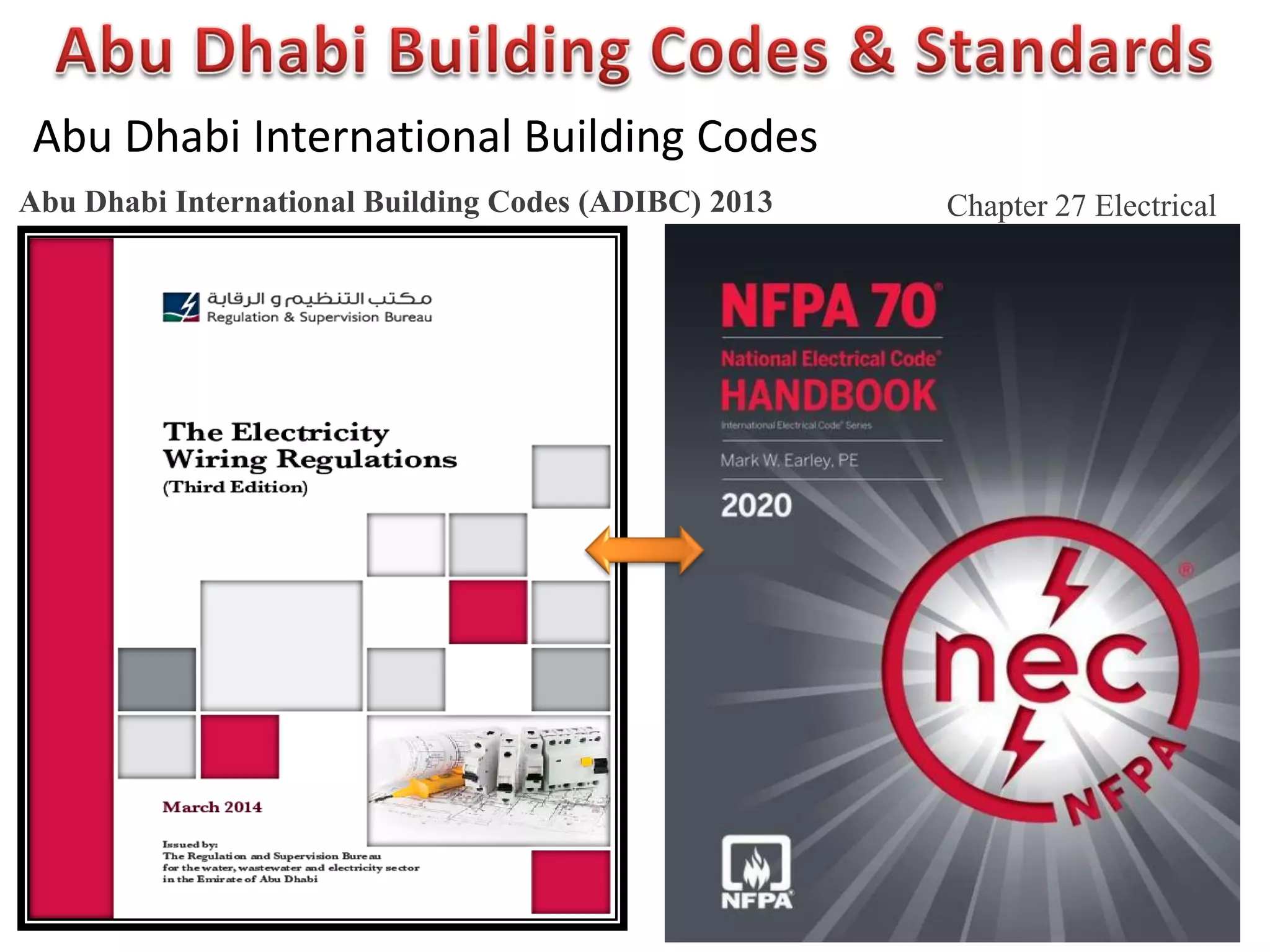 Abu Dhabi International Building Codes
Abu Dhabi International Building Codes (ADIBC) 2013 Chapter 27 Electrical
 