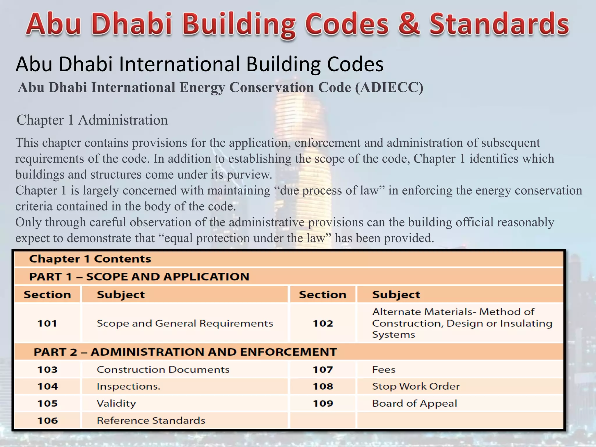 Abu Dhabi International Building Codes
Abu Dhabi International Energy Conservation Code (ADIECC)
Chapter 1 Administration
This chapter contains provisions for the application, enforcement and administration of subsequent
requirements of the code. In addition to establishing the scope of the code, Chapter 1 identifies which
buildings and structures come under its purview.
Chapter 1 is largely concerned with maintaining “due process of law” in enforcing the energy conservation
criteria contained in the body of the code.
Only through careful observation of the administrative provisions can the building official reasonably
expect to demonstrate that “equal protection under the law” has been provided.
 