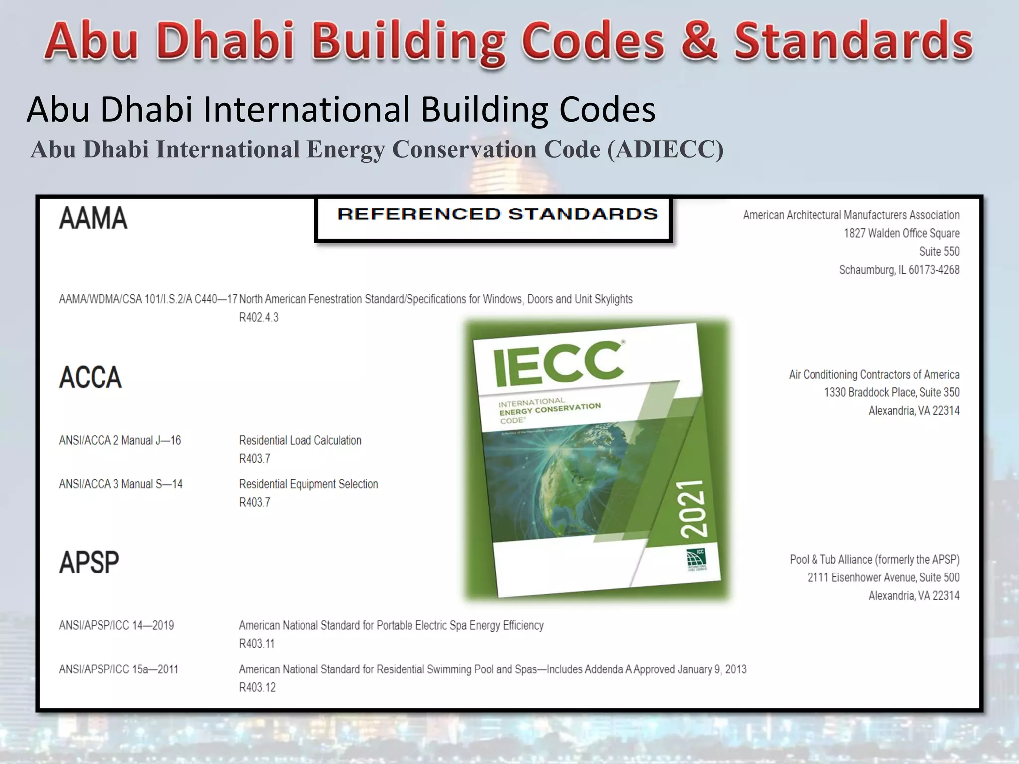 Abu Dhabi International Building Codes
Abu Dhabi International Energy Conservation Code (ADIECC)
 