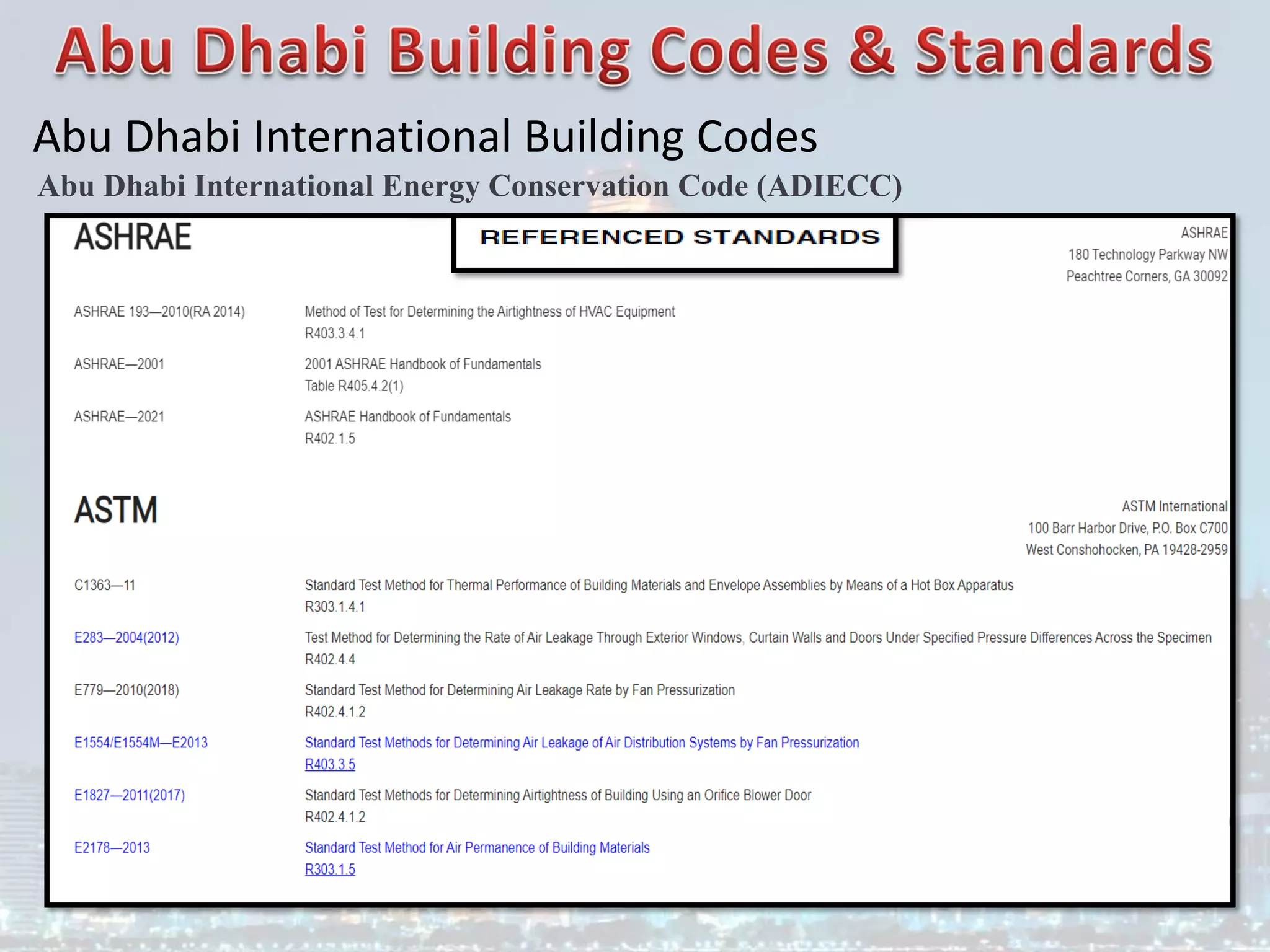 Abu Dhabi International Building Codes
Abu Dhabi International Energy Conservation Code (ADIECC)
 