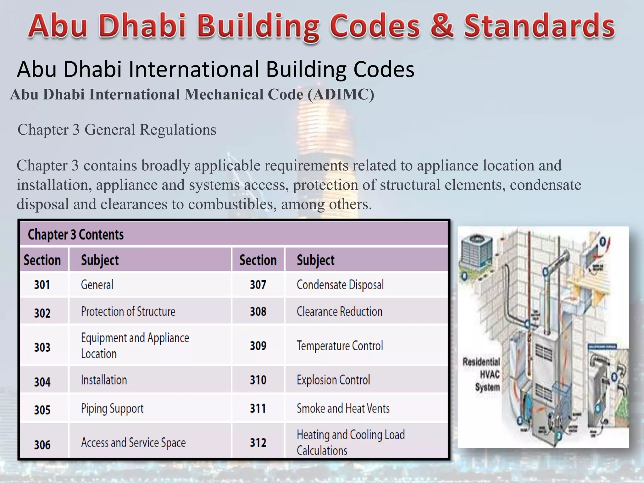 Abu Dhabi International Building Codes
Abu Dhabi International Mechanical Code (ADIMC)
Chapter 3 General Regulations
Chapter 3 contains broadly applicable requirements related to appliance location and
installation, appliance and systems access, protection of structural elements, condensate
disposal and clearances to combustibles, among others.
 