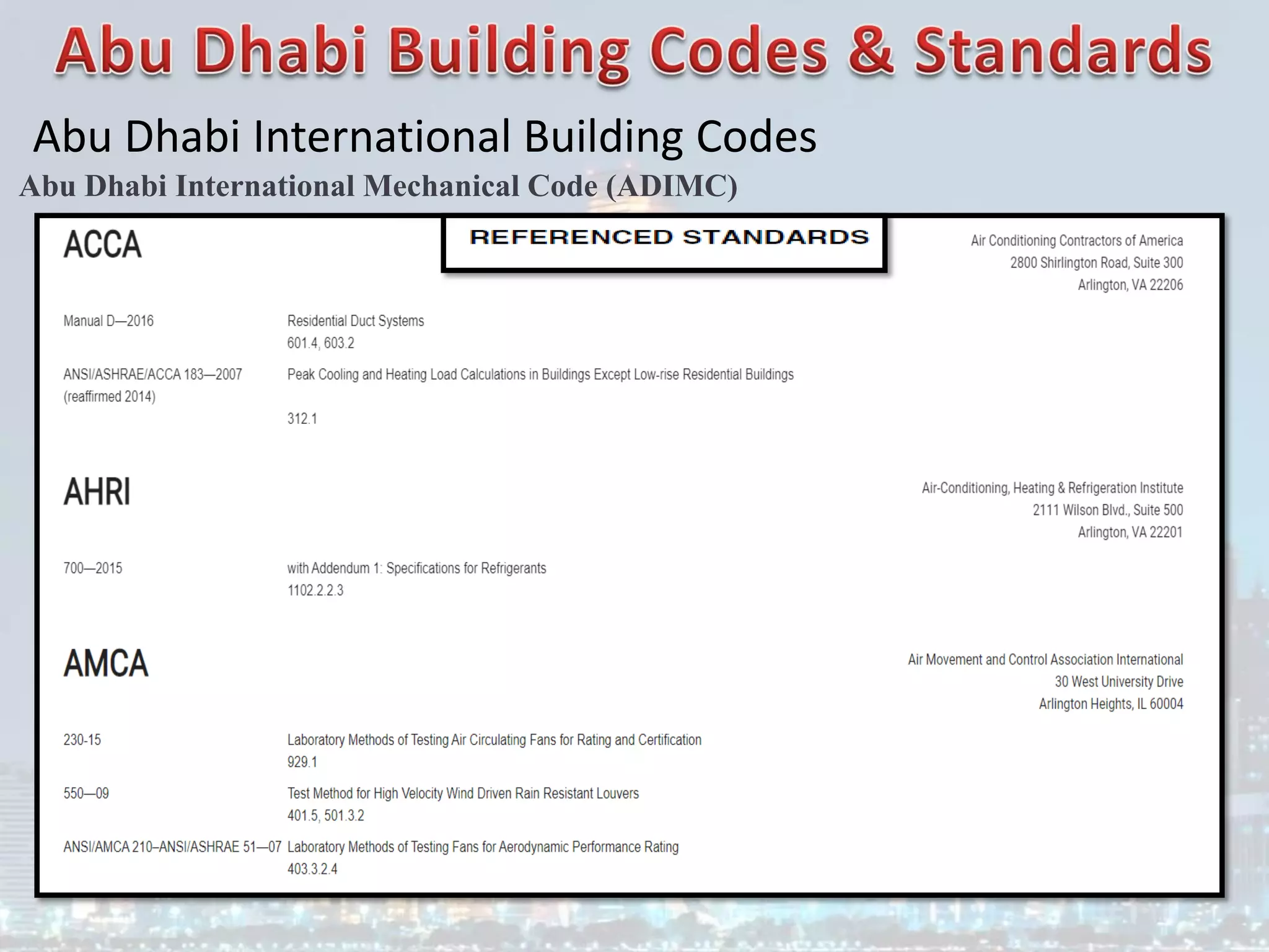 Abu Dhabi International Building Codes
Abu Dhabi International Mechanical Code (ADIMC)
 